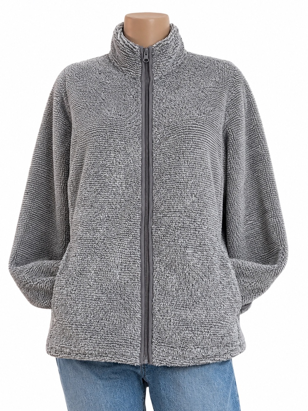 Faded Glory Grey Plush Fuzzy Fleece Full Zip Jacket Pockets Large 12-14